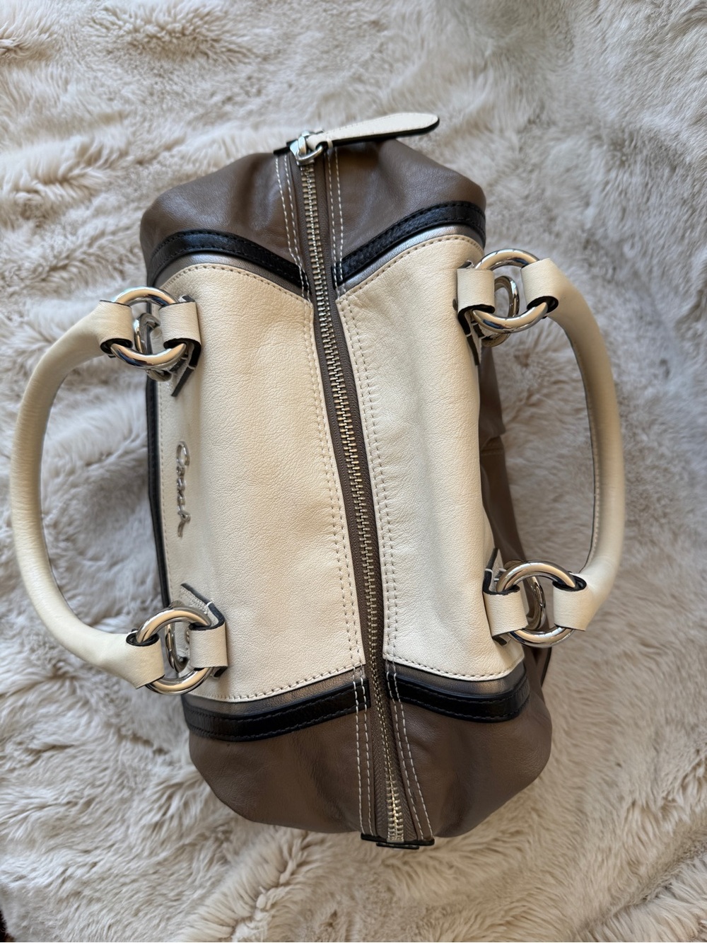 Coach Two-Tone Leather Ashley Two-Way Satchel in Cream and Brown - Picture 6 of 11